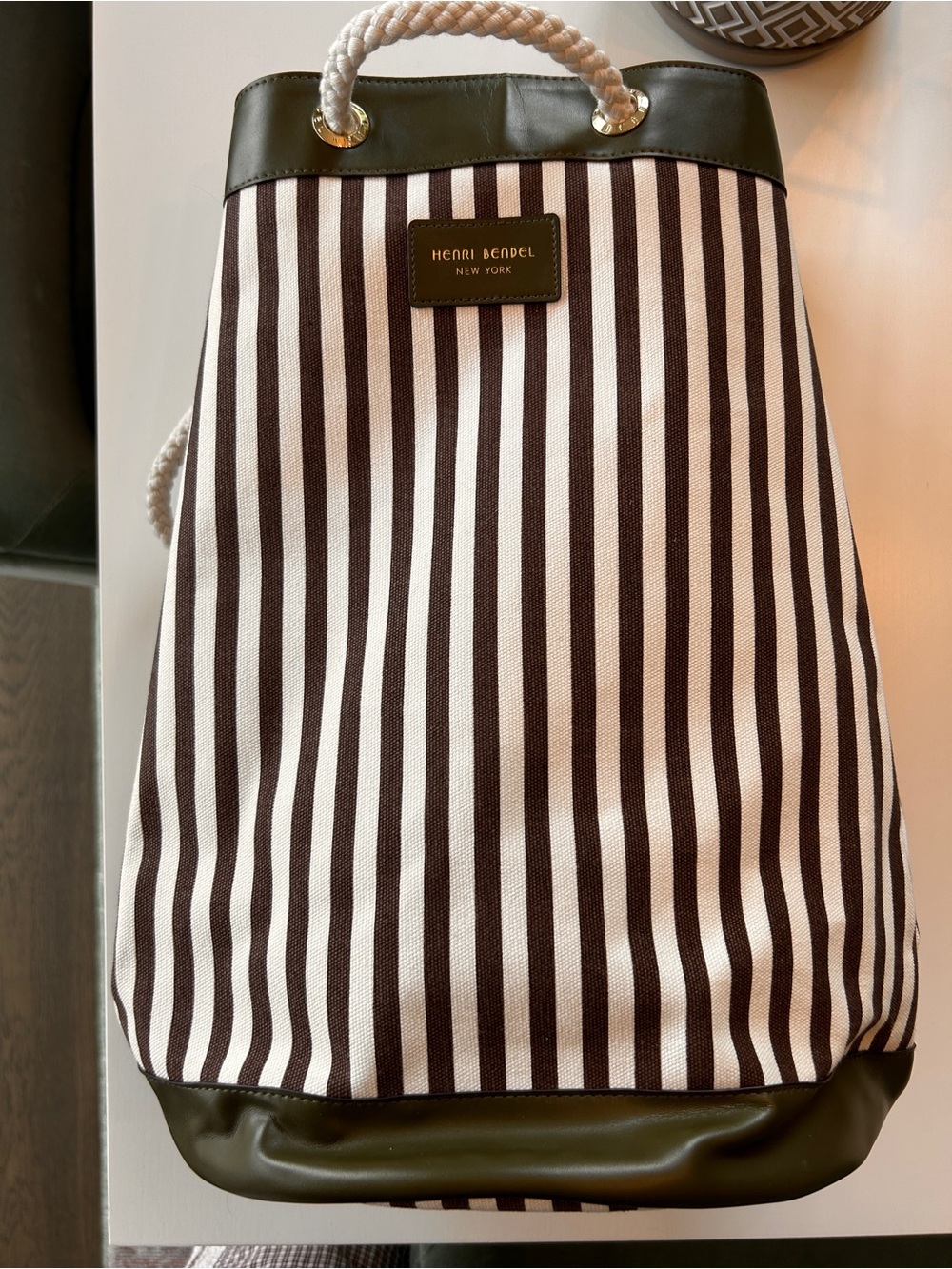 henri bendel Brown and White Striped Duffel with Rope Handles